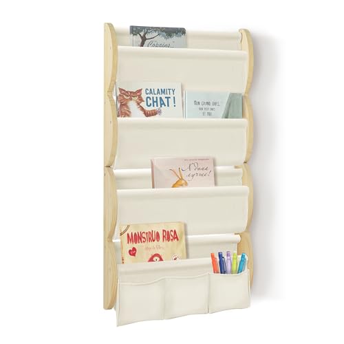 wooshwa Bücherregal Kinder Wand Kinderbücherregal Montessori mit 4 Ablagen & 3 Taschen Kinderregal Wandregal Kinderzimmer Regal Wellenförmig Massivholz (Beige) von wooshwa