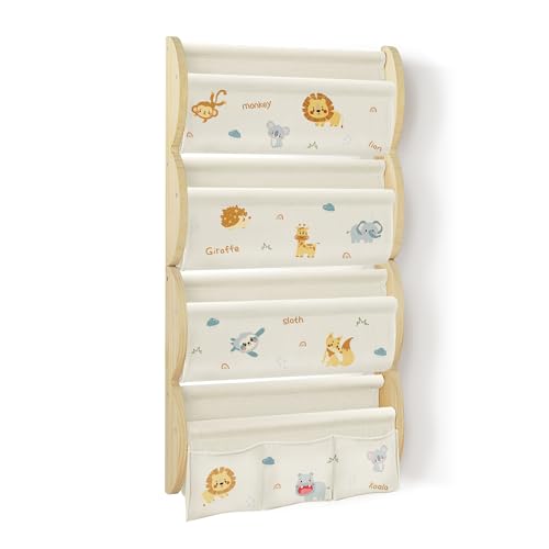 wooshwa Bücherregal Kinder Wand Kinderbücherregal Montessori mit 4 Ablagen & 3 Taschen Kinderregal Wandregal Kinderzimmer Regal Wellenförmig Massivholz (Dschungel-Tiere) von wooshwa