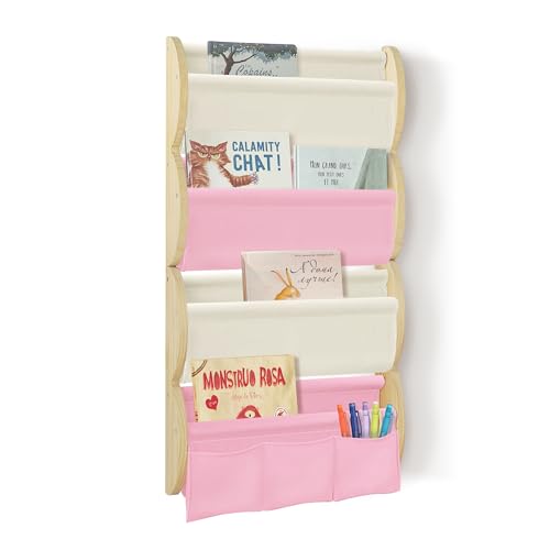 wooshwa Bücherregal Kinder Wand Kinderbücherregal Montessori mit 4 Ablagen & 3 Taschen Kinderregal Wandregal Kinderzimmer Regal Wellenförmig Massivholz (Rosa) von wooshwa