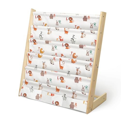 wooshwa Bücherregal Kinder für Kinderzimmer Kinderregal Regal kleines Bücherregal mit 5 Regale & 3 Tasche, Aufbewahrungsregal Bücher-Organizer aus Kiefer und Oxford-Stoff (Tieralphabet) von wooshwa