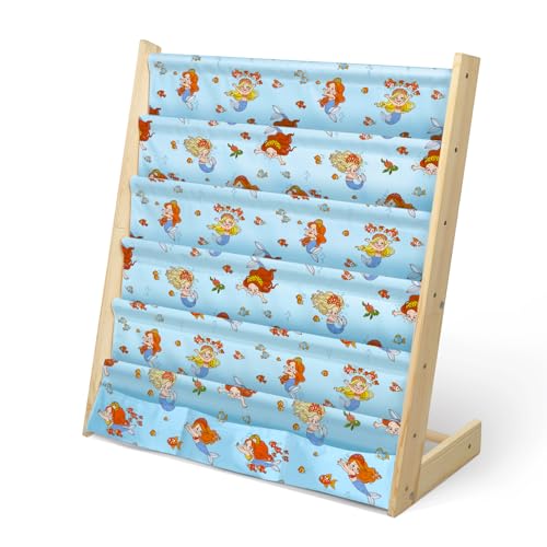 wooshwa Bücherregal Kinder für Kinderzimmer Kinderregal Regal kleines Bücherregal mit 5 Regale & 3 Tasche, Aufbewahrungsregal Bücher-Organizer aus Kiefer und Oxford-Stoff (Meerjungfrau) von wooshwa