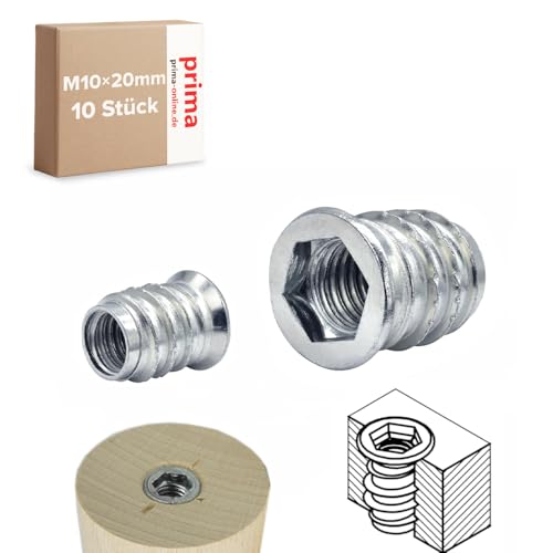 Einschraubmutter M10 x 20 mm – Einschraubmuffen/Eindrehmuffen aus verzinktem Stahl – Innengewinde für Holzbau & Möbelbau (10 Stück) von woplus
