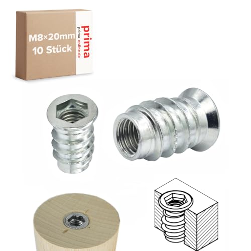 Einschraubmutter M8 x 20 mm – Einschraubmuffen/Eindrehmuffen aus verzinktem Stahl – Innengewinde für Holzbau & Möbelbau (10 Stück) von woplus