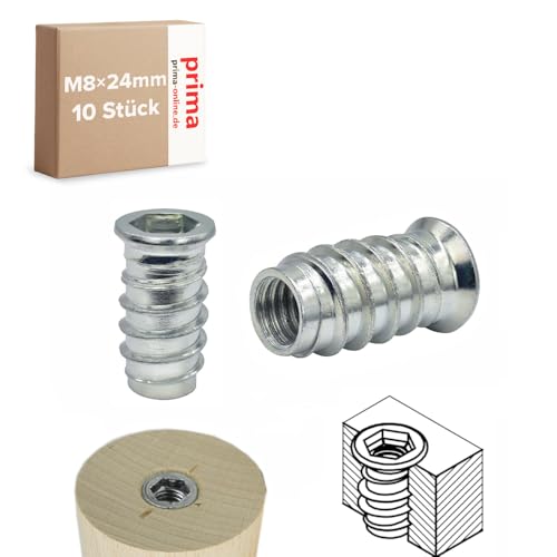 Einschraubmutter M8 x 24 mm – Einschraubmuffen/Eindrehmuffen aus verzinktem Stahl – Innengewinde für Holzbau & Möbelbau (10 Stück) von woplus