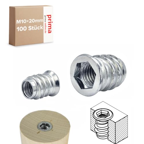 Einschraubmutter M10 x 20 mm – Einschraubmuffen/Eindrehmuffen aus verzinktem Stahl – Innengewinde für Holzbau & Möbelbau (100 Stück) von woplus