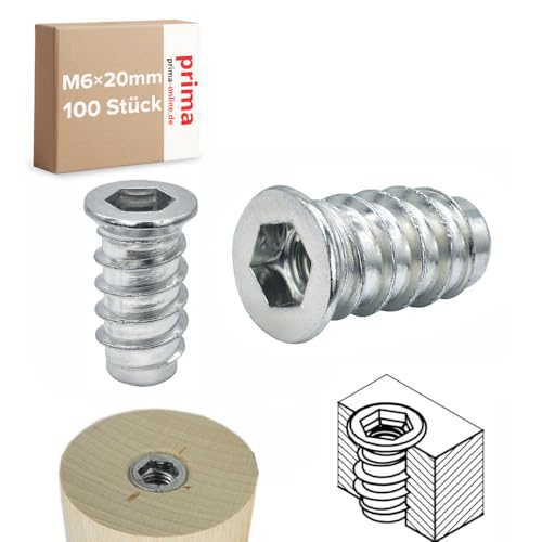 Einschraubmutter M6 x 20 mm – Einschraubmuffen/Eindrehmuffen aus verzinktem Stahl – Innengewinde für Holzbau & Möbelbau (100 Stück) von woplus