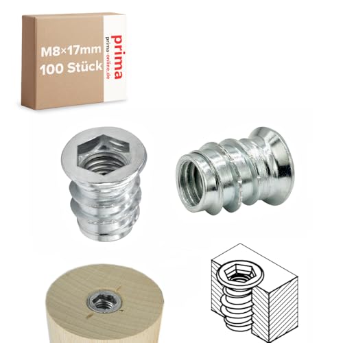 Einschraubmutter M8 x 17 mm – Einschraubmuffen/Eindrehmuffen aus verzinktem Stahl – Innengewinde für Holzbau & Möbelbau (100 Stück) von woplus