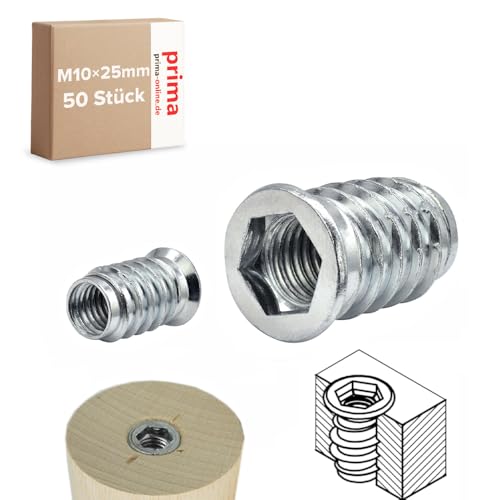Einschraubmutter M10 x 25 mm – Einschraubmuffen/Eindrehmuffen aus verzinktem Stahl – Innengewinde für Holzbau & Möbelbau (50 Stück) von woplus