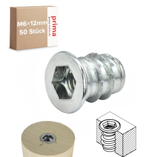 Einschraubmutter M6 x 12 mm – Einschraubmuffen/Eindrehmuffen aus verzinktem Stahl – Innengewinde für Holzbau & Möbelbau (50 Stück) von woplus