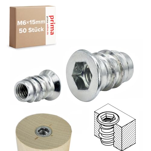 Einschraubmutter M6 x 15 mm – Einschraubmuffen/Eindrehmuffen aus verzinktem Stahl – Innengewinde für Holzbau & Möbelbau (50 Stück) von woplus
