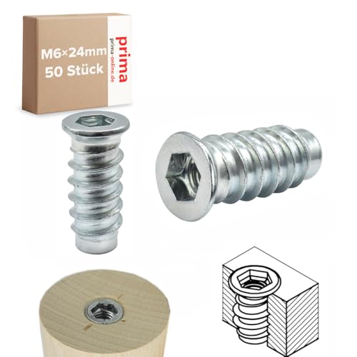 Einschraubmutter M6 x 24 mm – Einschraubmuffen/Eindrehmuffen aus verzinktem Stahl – Innengewinde für Holzbau & Möbelbau (50 Stück) von woplus