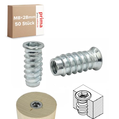 Einschraubmutter M8 x 28 mm – Einschraubmuffen/Eindrehmuffen aus verzinktem Stahl – Innengewinde für Holzbau & Möbelbau (50 Stück) von woplus