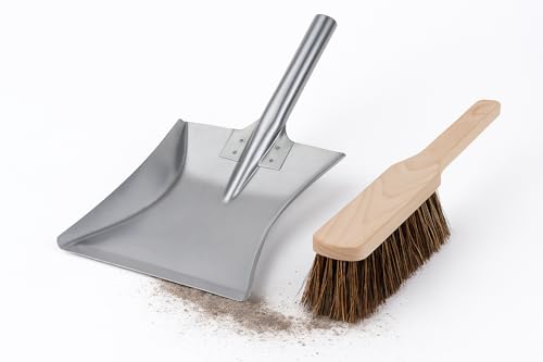 Handfeger und Kehrblech Set – Handbesen mit lackiertem Holzgriff & Schaufel aus verzinktem Stahl mit Stahlstiel – Kehrgarnitur für Haushalt & Werkstatt ( Set Handfeger & Schaufel mit Stahlstiel) von woplus
