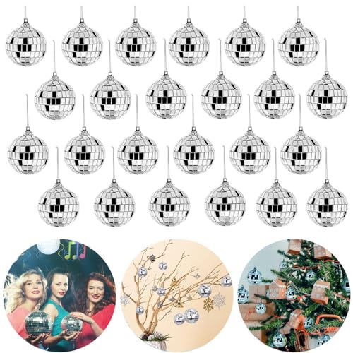 wordmouk 24 Stück Disco Spiegelkugeln 4cm Silber Disco Spiegel Ball Glitzer Kleine Discokugel Deko zum Aufhängen Reflektierende für Weihnachtsbaum Hochzeit Party Geburtstag Dekoration Lichteffekt von wordmouk