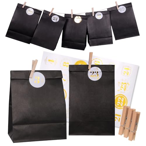 woric Adventskalender zum Befüllen 2025, 24 Papiertüten Schwarz mit Zahlenaufkleber 1-24 und Holzklammern Adventskalender Selber Basteln DIY Erwachsene Kinder woric Adventskalender zum Befüllen 2025, 24 Papiertüten Schwarz mit Zahlenaufkleber 1-24 und Holzklammern Adventskalender Selber Basteln DIY Erwachsene Kinder von woric