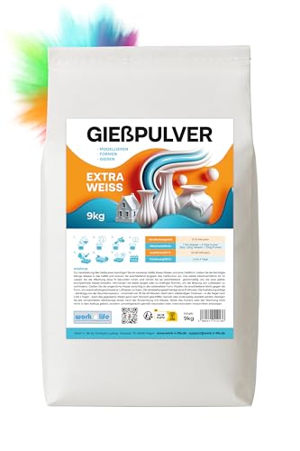 Gießpulver Extra Weiß - Premium Gips zum Gießen - Reliefgießpulver weiß aus hochwertigem Alabaster Gips - Vielseitig einsetzbare Gießmasse für Silikonformen zum Gießen (Extra Weiß, 9,0kg Sack) von work'n'life