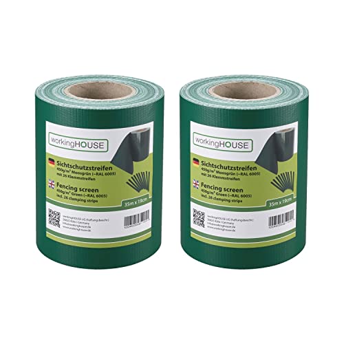 Workinghouse 2 x 35 m PVC Sichtschutzstreifen für Doppelstabmatten 450g/m² (Zaunsichtschutz) - inkl. 26 Clips/Klemmstreifen (Grün) von workingHOUSE