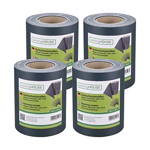 Workinghouse 4 x 35 m PVC Sichtschutzstreifen für Doppelstabmatten 450g/m² (Zaunsichtschutz) - inkl. 26 Clips/Klemmstreifen (Anthrazit) von workingHOUSE
