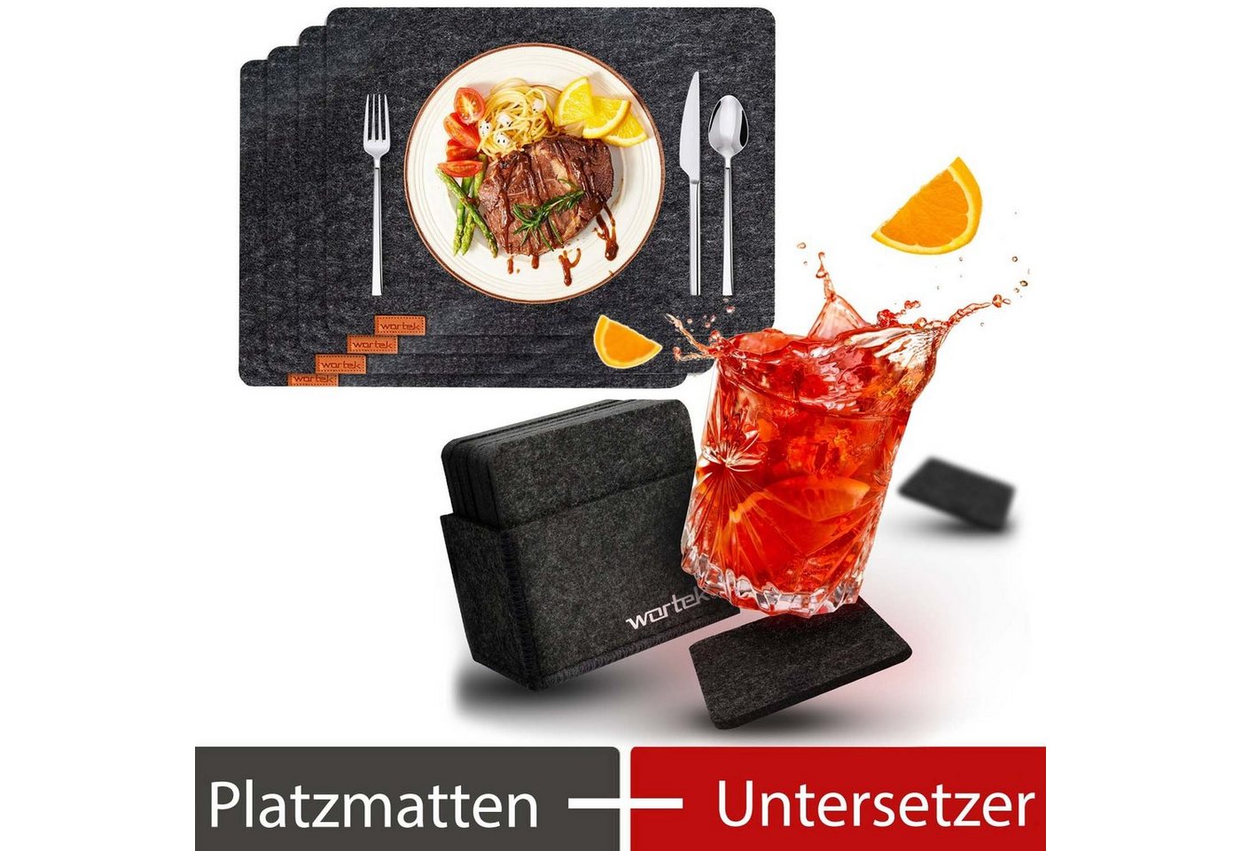 Platzset, Filz Platzset (44 x 32 cm) + Filz-Untersetzer, wortek, (Set, 4 + 10-St), waschbare Tisch-Unterlage und Getränkeuntersetzer inkl. Aufbewahrungsbox von wortek