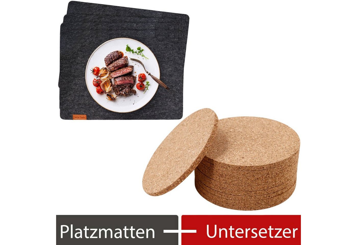 Platzset, Filz Platzset (44 x 32 cm) + Kork-Untersetzer, wortek, (Set, 4 + 10-St), waschbare Platzmatten + Getränkeuntersetzer aus Kork von wortek