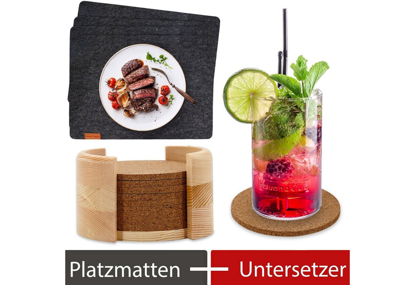 Platzset, Filz Platzset (44 x 32 cm) + Kork-Untersetzer +, wortek, (Set, 4 + 10-St), waschbare Platzmatten + Getränkeuntersetzer aus Kork inkl. Aufbewahrungsbox von wortek