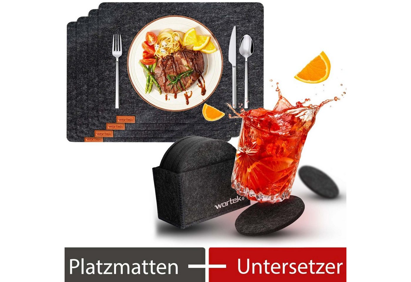 Platzset, Filz Set Platzmatten Eckig + Getränkeuntersetzer, wortek, (Set, 16-St), waschbare Tisch-Untersetzer Teller-Untersetzer Filzset Platz-Matte (44 x 32 cm) & Getränkeuntersetzer Rund von wortek