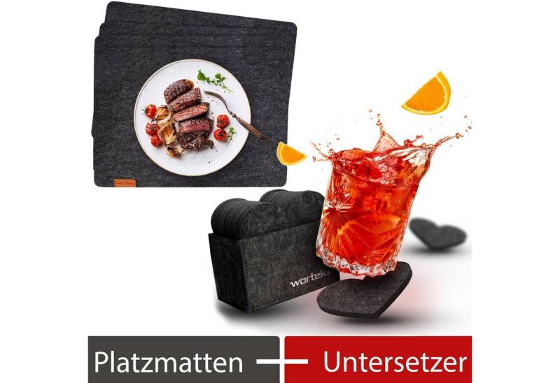 Platzset, Filz Tischset + Filz Untersetzer Herzform, wortek, (Set, 4 + 10-St), waschbare Teller-Untersetzer + Getränkeuntersetzer aus Filz - Filzset Tisch-Untersetzer Glasuntersetzer für Getränke, Bar, Gläser von wortek