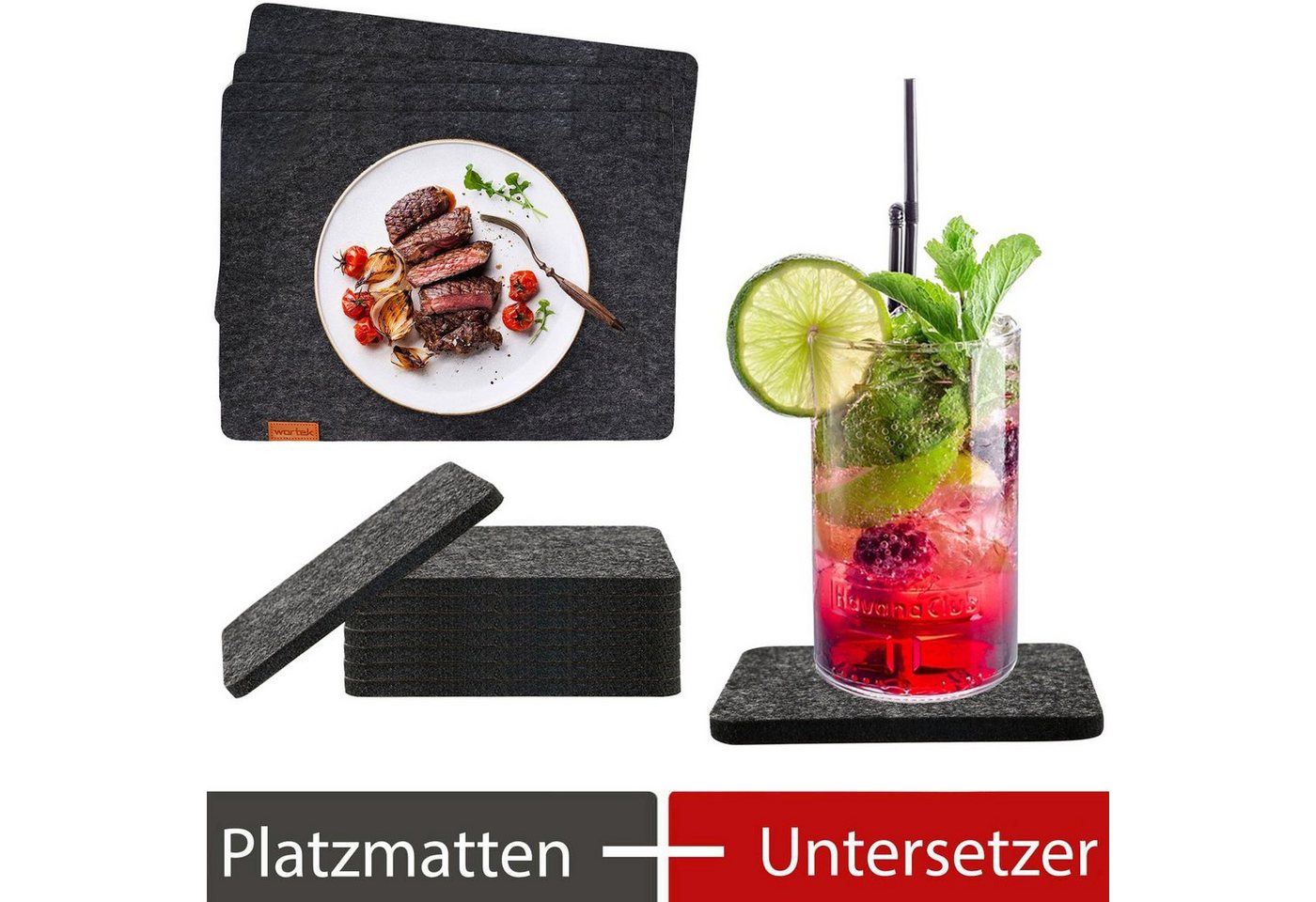 Platzset, Filz Tischset + Untersetzer Katze, wortek, (Set, 4 + 8-St), waschbar von wortek