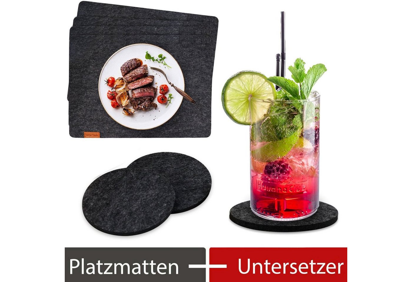 Platzset, Filz Tischset + Untersetzer Rund, wortek, (Set, 14-St), waschbar von wortek