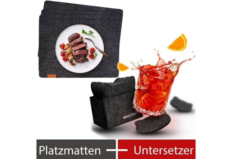 Platzset, Tischset 4-teilig Platzset + Getränkeuntersetzer, wortek, (Set, 16-St), waschbare Tisch-Untersetzer Teller-Untersetzer Filzset Platz-Matte (44 x 32 cm) & Getränkeuntersetzer Katzenform von wortek