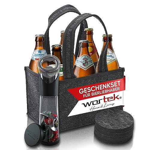 wortek Geschenkset Männer Bier Geschenke für Männer - Männerhandtasche Bier Flaschenöffner & Untersetzer + 6x bayerische Biere – Bierset Männer Geschenke Geschenkkorb für Männer Bier Tasting von wortek