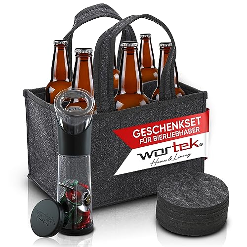 wortek Geschenkset Männer Geschenke Geburtstag - Männerhandtasche Bier Flaschenöffner mit Auffangbehälter Untersetzer Gläser - Gadgets für Männer Bier Geschenke für Männer Geschenkkorb für Männer von wortek