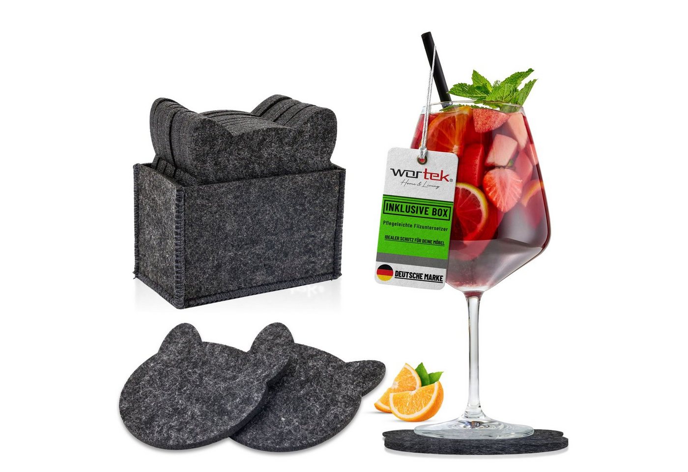 wortek Getränkeuntersetzer Filz-Untersetzer Katze für Gläser 10er Set + Box, Zubehör für Tisch & Gläser, Set, 10-tlg., waschbare Getränke Glasuntersetzer Gläser, Tischuntersetzer Filz 10 cm von wortek