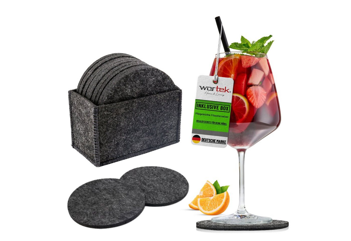 wortek Getränkeuntersetzer Filz-Untersetzer Rund für Gläser 10er Set + Box, Zubehör für Tisch & Gläser, Set, 10-tlg., waschbare Getränke Glasuntersetzer Gläser, Tischuntersetzer Filz 10 cm von wortek