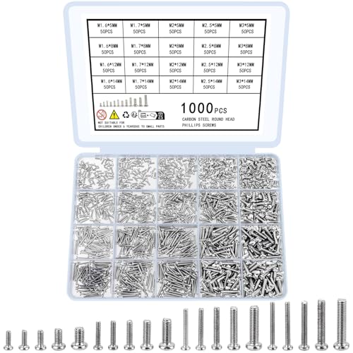 woshilaoDS 1000 Stk Kleine Schrauben Set, Mini Schrauben Set, M1.6 M1.7 M2 M2.5 M3 Mikro Schrauben Sortiment Kit, Rundkopfschrauben Kreuzkopfschrauben für Brillen Uhren Laptops Computer woshilaoDS 1000 Stk Kleine Schrauben Set, Mini Schrauben Set, M1.6 M1.7 M2 M2.5 M3 Mikro Schrauben Sortiment Kit, Rundkopfschrauben Kreuzkopfschrauben für Brillen Uhren Laptops Computer von woshilaoDS