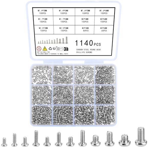 woshilaoDS 1140 Stk Mini Kleine Schrauben Set, M1.4 M1.6 M1.7 M2 M2.5 M3 Mikro Schrauben Sortiment Kit, Rundkopfschrauben Kreuzkopfschrauben für Brillen Uhren Laptops Computer von woshilaoDS
