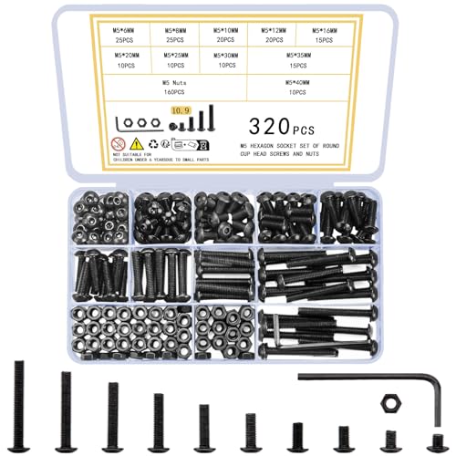 woshilaoDS 320 Stück Innensechskant Schrauben Muttern Set, M5 Schrauben Set, Maschinenschrauben mit Muttern, Schwarz Gewindeschrauben Set, Rundkopf Linsenkopf Sechskantschrauben und Muttern Set von woshilaoDS