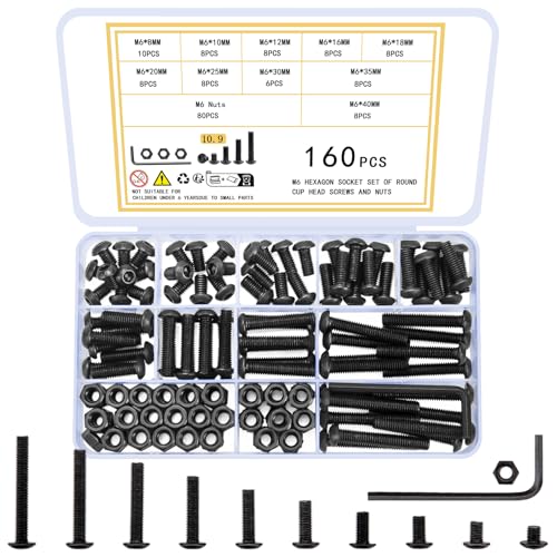 woshilaoDS 160 Stück Innensechskant Schrauben Muttern Set,M6 Schrauben Set, Maschinenschrauben mit Muttern, Schwarz Gewindeschrauben Set, Rundkopf Linsenkopf Sechskantschrauben und Muttern Set von woshilaoDS