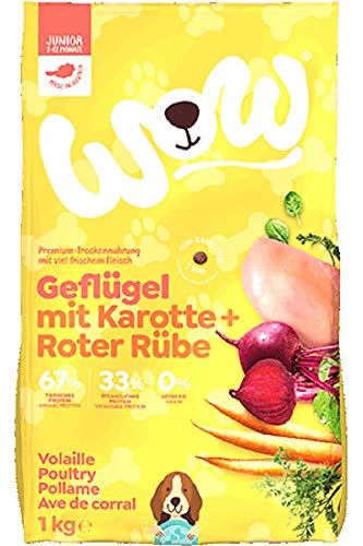 WOW Trockenfutter Junior mit Geflügel, 6X 1kg Mini Kroketten I Hundetrockenfutter für Welpen Aller Rassen I Beste Qualität mit viel Fleisch, Karotte & roter Rübe I getreidefrei & hohe Verträglichkeit von wow