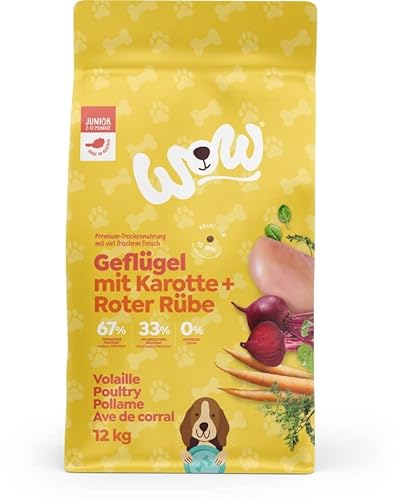 WOW Trockenfutter Junior mit Geflügel, 12kg I Hundetrockenfutter für Welpen Aller Rassen I Beste Qualität mit viel Fleisch, Karotte & roter Rübe I getreidefrei & hohe Verträglichkeit von wow