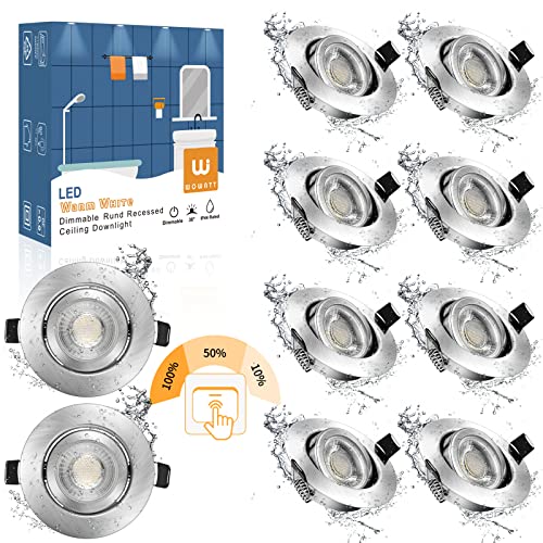 wowatt 10er 7W LED Einbaustrahler 3 Stufig Dimmbar Warmweiß 2800K Einbauleuchten Flach IP44 Ersetzt 70W Halogen LED Spots 230V Schwenkbar Rund 68mm Badeinbaustrahler 700lm Deckeneinbaustrahler von wowatt