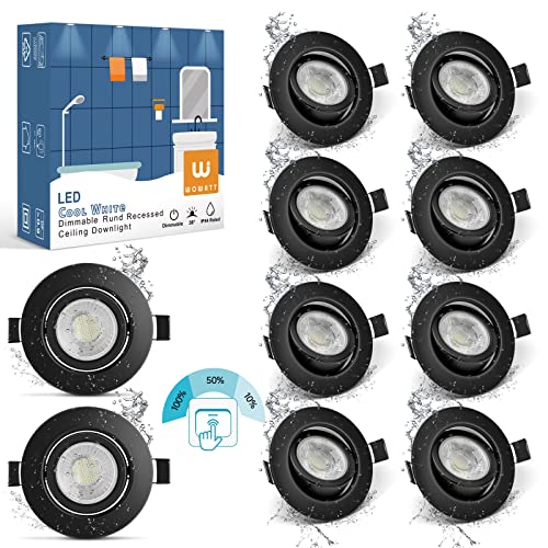 wowatt 10er Einbaustrahler LED Schwarz 3 Stufe Dimmbar 7W Einbauleuchten Ultra Flach IP44 Deckenspots 6000K Kaltweiß 700LM Ersetzt 70W Halogen LED Spots 230V Schwenkbar Rund 68mm Badeinbaustrahler von wowatt