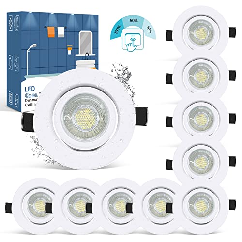 wowatt 10er LED Einbaustrahler 230V Weiß Ultra Flach LED Spots 3 Stufe Dimmbar 7W Ersetzt 70W Halogen Deckeneinbaustrahler 6000K Kaltweiß IP44 Hell 700lm Badeinbaustrahler 68mm Schwenkbar Rund von wowatt