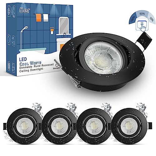 wowatt 5er 7W Einbaustrahler Schwarz 3 Stufe Dimmbar IP44 Bad Einbauspot Flach 230V Deckenspots 700LM Kaltweiß 6000K Ersetzt 70W Halogen Einbauleuchten Schwenkbar Rund 68mm LED Spots für Badezimmer von wowatt