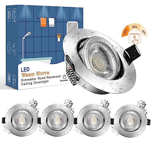 wowatt 5er IP44 7W LED Einbaustrahler 3 Stufig Dimmbar 700lm Hell Schwenkbar Flache Einbauleuchte LED Badeinbaustrahler 2800K Warmweiß Deckeneinbaustrahler Badezimmer AC 230V Ersetzt 70W Halogen von wowatt