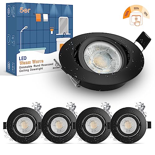 wowatt 5er LED Einbaustrahler 230V Schwarz 3 Stufen Dimmbar 7W IP44 Bad Einbauleuchten Flach Deckenspots 700LM Warmweiß 2800K Ersetzt 70W Halogen Spots Schwenkbar Rund 68mm Einbauspots für Badezimmer von wowatt