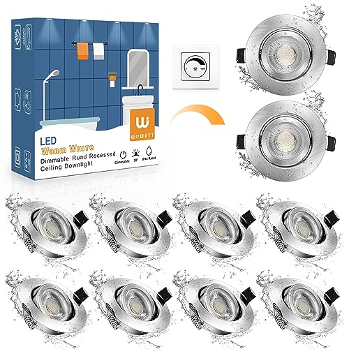wowatt 10er LED Einbaustrahler 230V Dimmbar LED Spot Flach IP44 Bad Einbauleuchten Deckenspots 5.5W Ersetzt 60W Halogen Einbauspots 2800K Warmweiß Hell 600lm Badeinbaustrahler 68mm Schwenkbar Rund von wowatt
