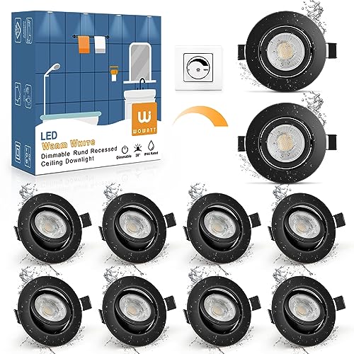wowatt 10er LED Einbaustrahler Schwarz Dimmbar 5.5W LED Spots 230V Ersetzt 60W Halogen Einbauleuchten IP44 Flach Einbauspots 2800K Warmweiß Hell 600lm Deckenspots Schwenkbar Rund 68mm für Badezimmer von wowatt