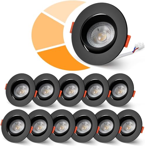 wowatt 12er LED Einbaustrahler Schwarz 3 Stufe Dimmbar, 5W Spots LED 230V Warmweiß 3000K Deckenspots Schwenkbar 480LM LED Einbauleuchten Flach Loch 68-80mm Einbauspots LED für Küche Wohnzimmer von wowatt