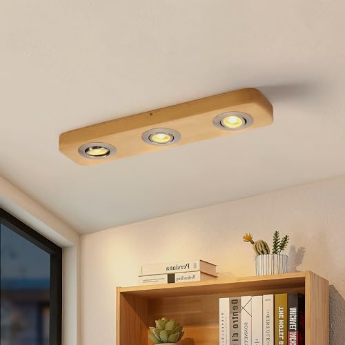 wowatt LED Deckenleuchte 3 Flammig 7W,Deckenlampe Holz 3 Stufen Dimmbar,Modern Deckenstrahler LED Spots 45°Schwenkbar,2800K Warmweiß Spotlight Deckenspots, Für Schlafzimmer Wohnzimmerlampe von wowatt